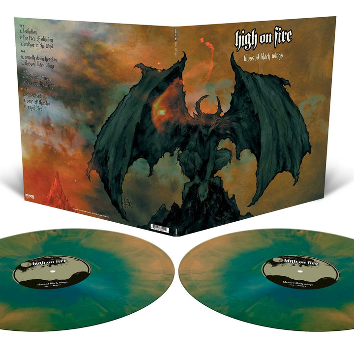 High On Fire – Blessed Black Wings – Aqua Blue & Halloween Orange Galaxy Merge Effect 2 LP